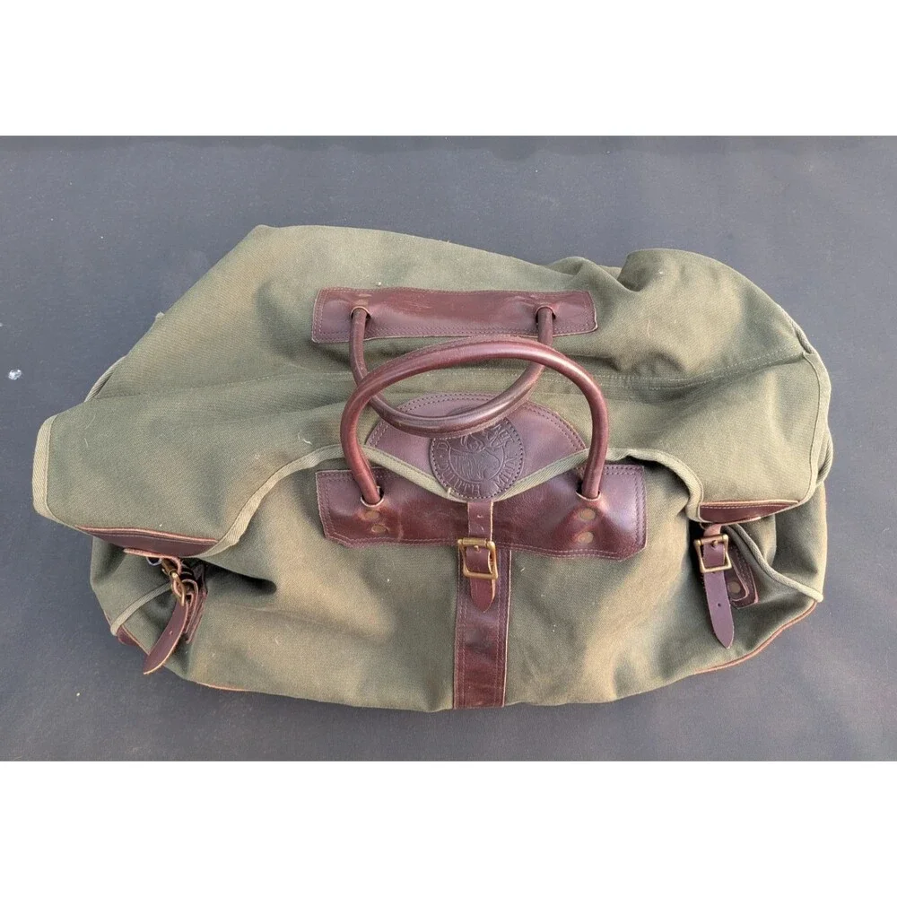Duluth Pack Sportsman Duffle Large Green Canvas Brown Leather Vintage USA